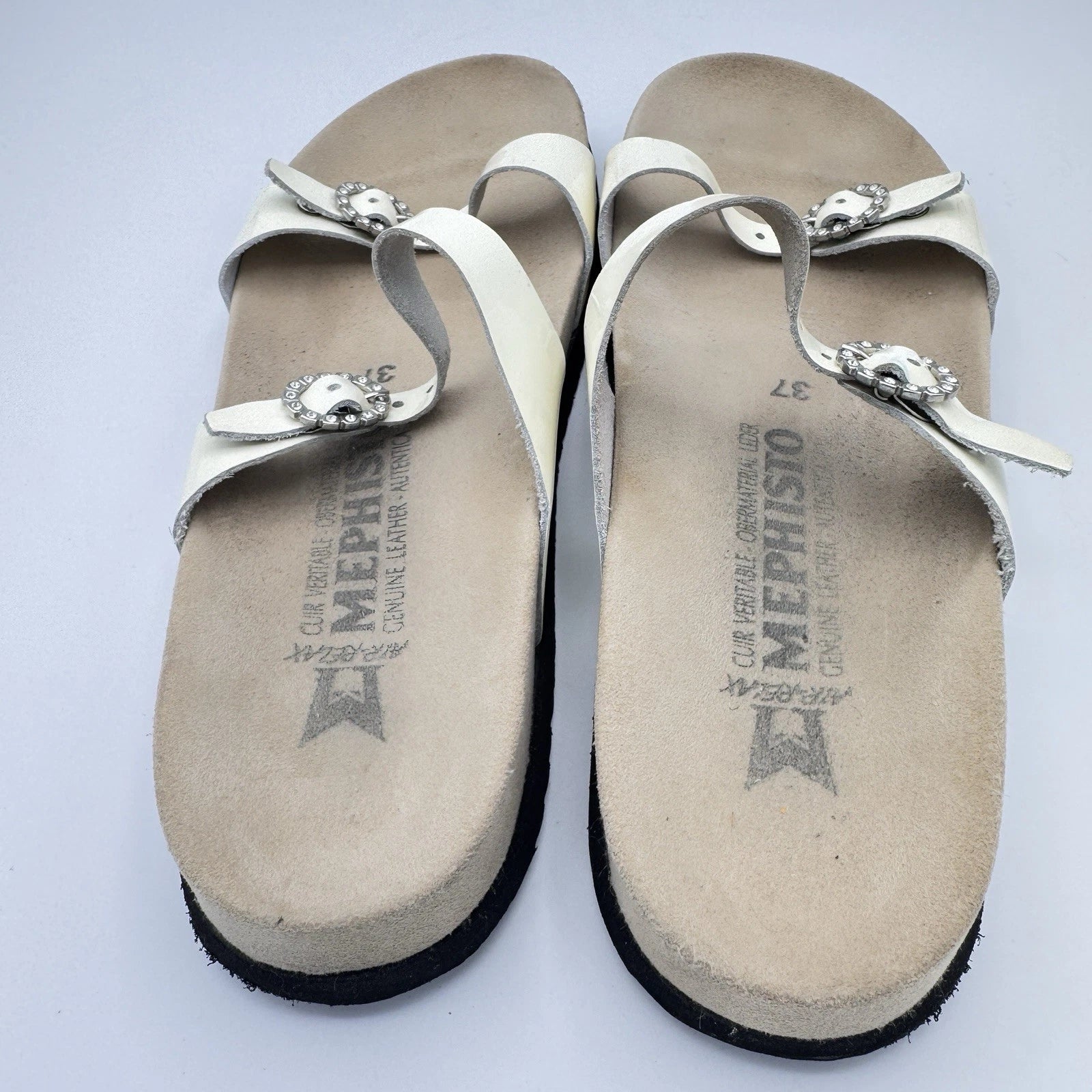 Mephisto Norie Bling Buckle Slide Sandals Ivory Patent Leather Flat Size 7 37