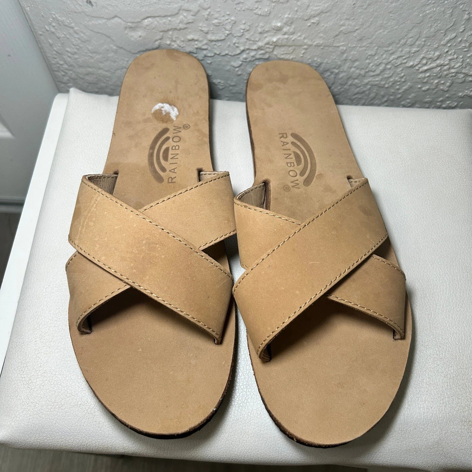 Rainbow Leather Top Sole Single Layer Arch Cross Strap Flat Stitch Slide Size 10