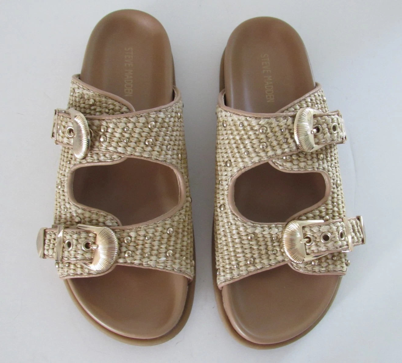 Steve Madden Slide Sandal Women's 8.5 Tan Brown Zuree Dual Buckle Gold Studded