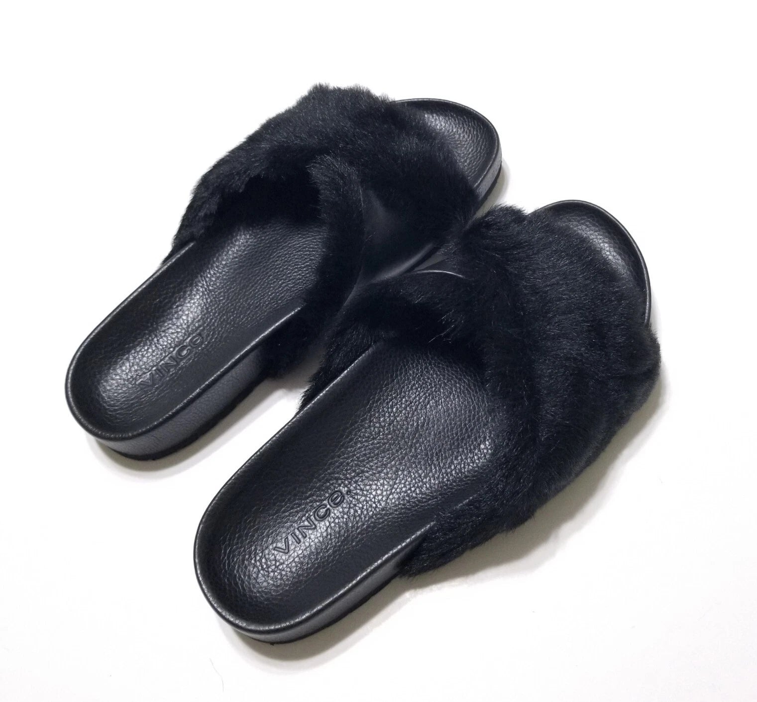 NIB Vince Garrison Italian Lamb Fur & Leather Slide Sandal in Black $250