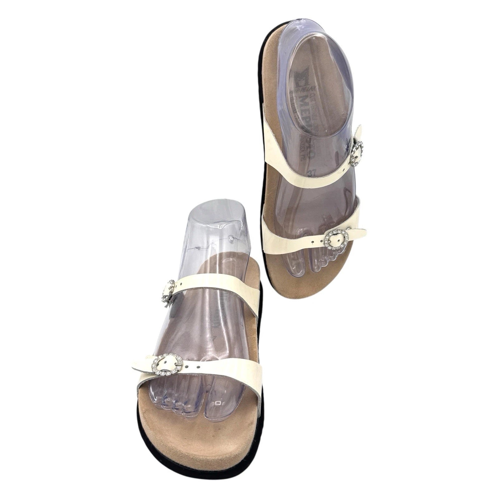 Mephisto Norie Bling Buckle Slide Sandals Ivory Patent Leather Flat Size 7 37