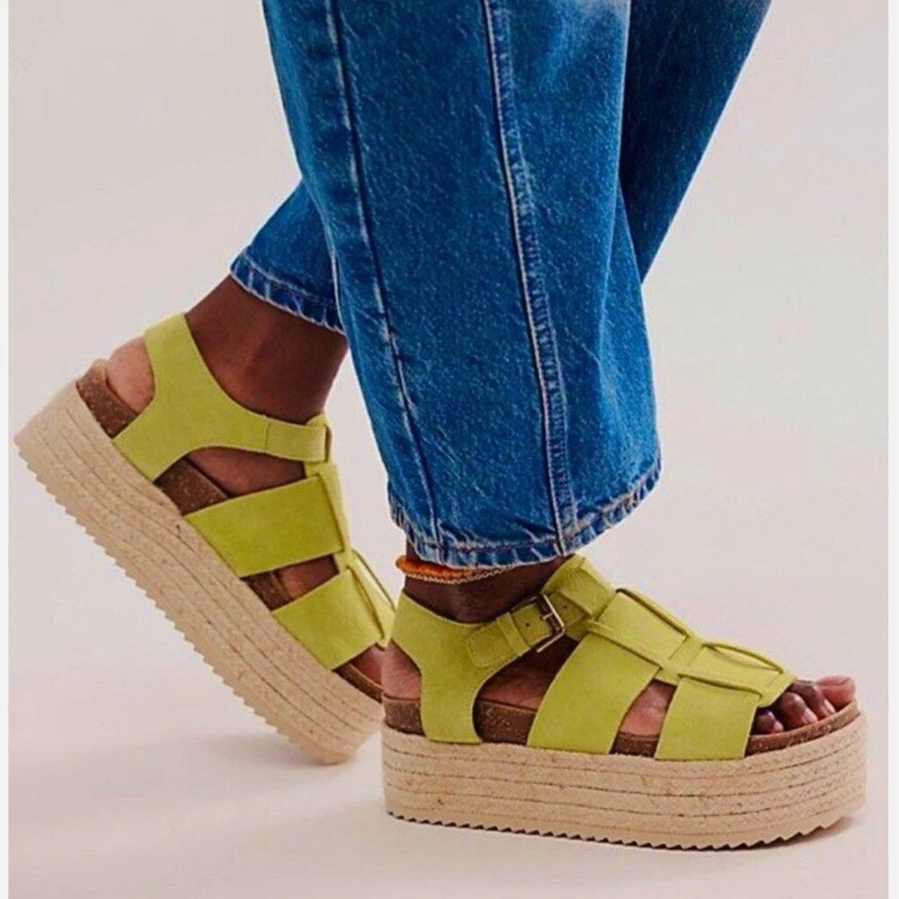 New Free People Marine Dream Flatform Sandals Shoes Green Suede Pistachio 39