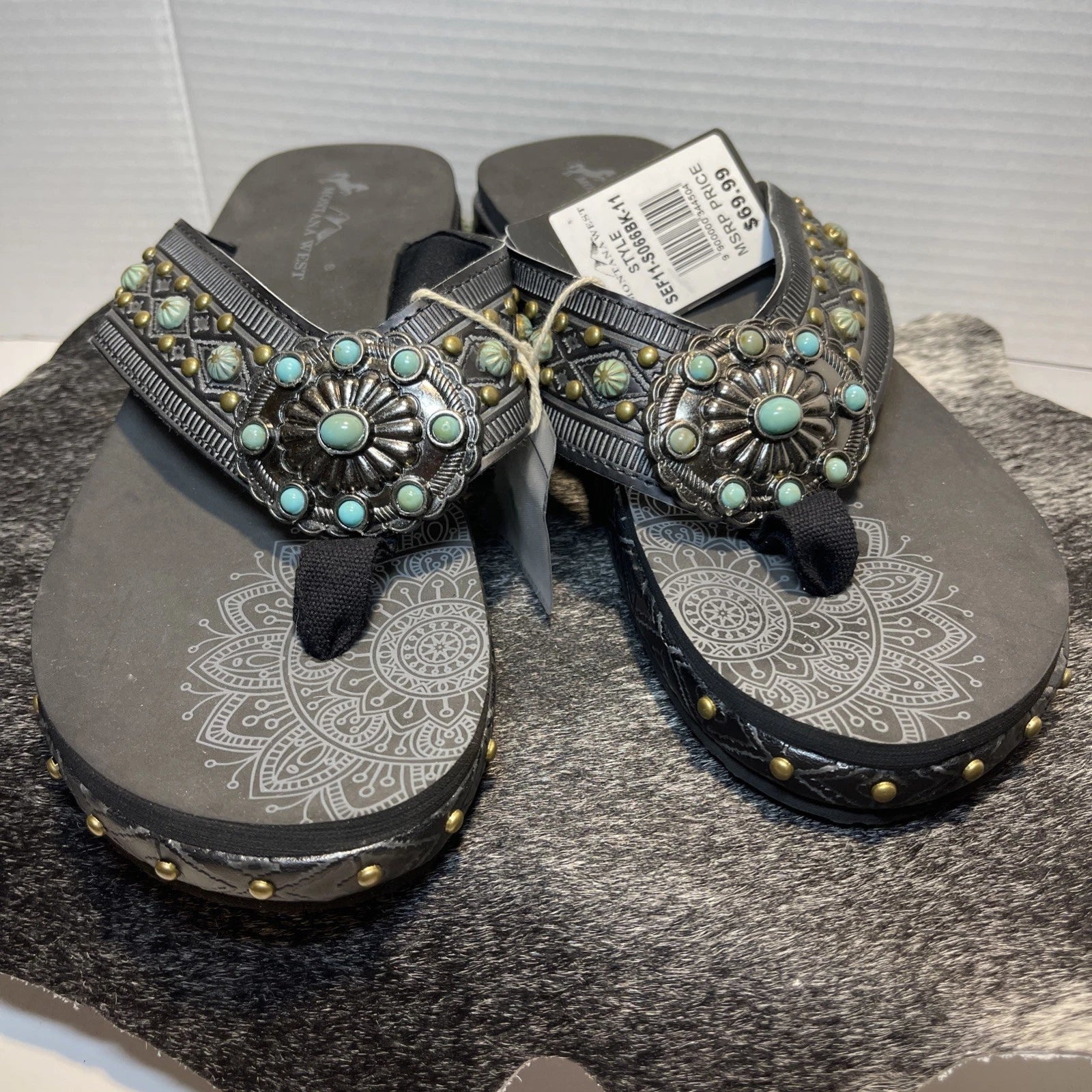 Montana West Black Embossed w/Studs Western Style Wedge Sandals Sz11-11.5