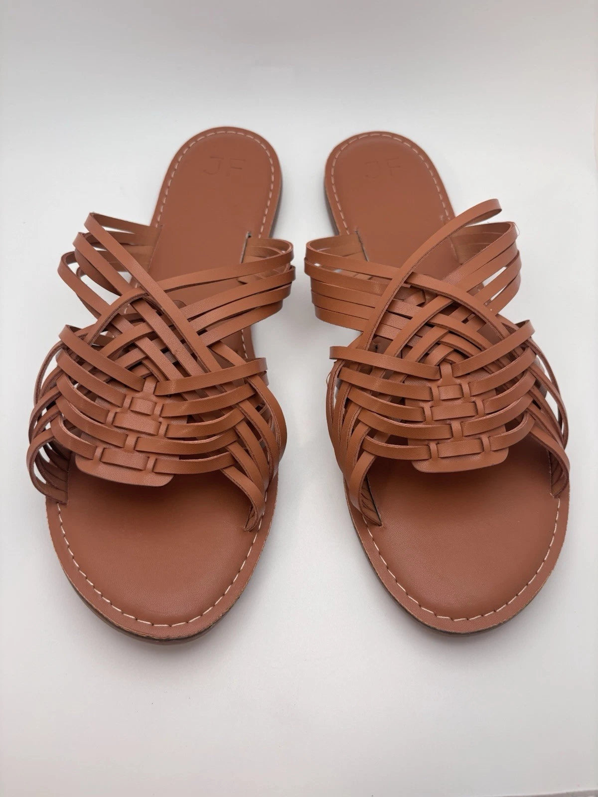 NIB Just Fab Frida Woven Sandals In Cognac Flat Slide Sandals Size 11