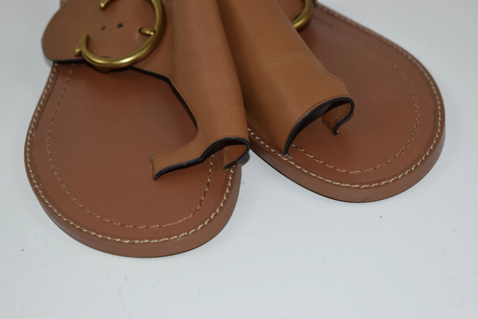 New Coach Sz 6 Slip On Sandals Leather Slides Brown Cognac Toe Loop Flats Buckle