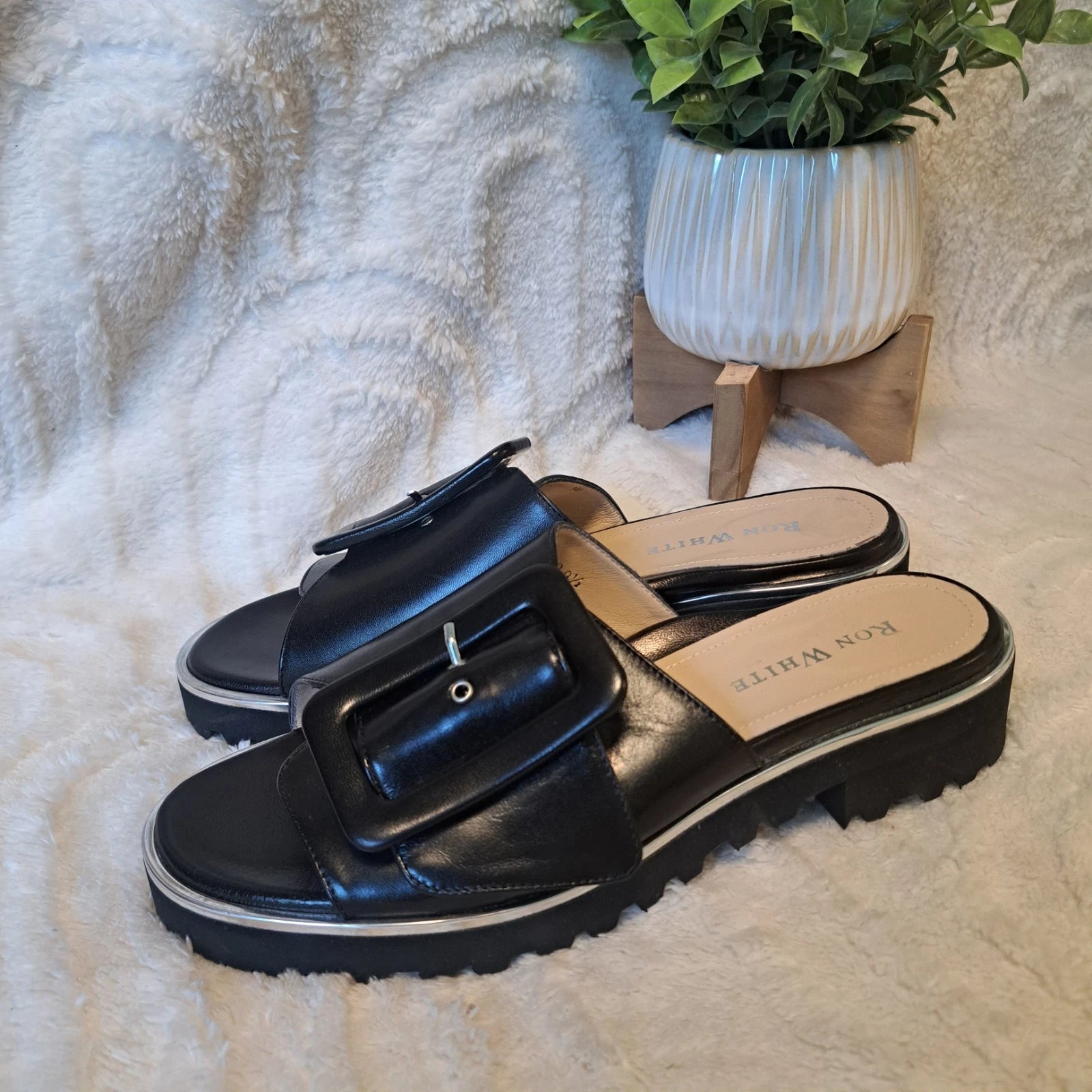 Ron White Candra Slide Sandals Black Leather Italy Sz 9 US 39.5 NEW $445