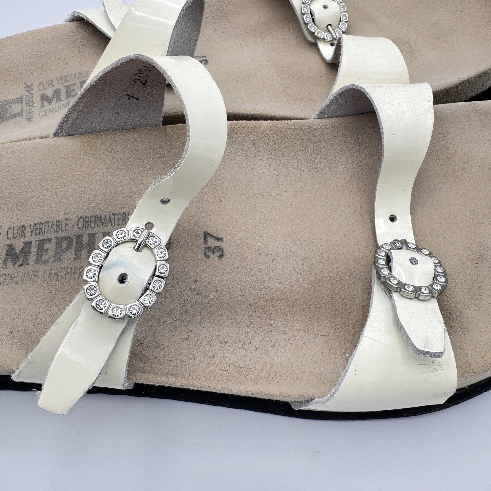 Mephisto Norie Bling Buckle Slide Sandals Ivory Patent Leather Flat Size 7 37