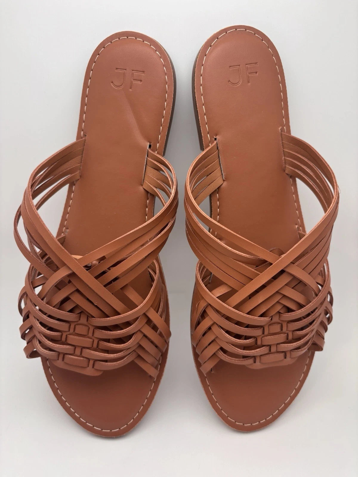 NIB Just Fab Frida Woven Sandals In Cognac Flat Slide Sandals Size 11