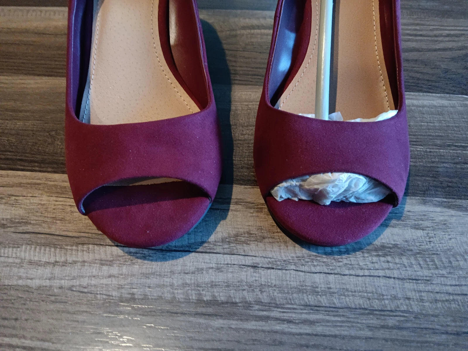 Torrid women's peep toe miniwedge suede style, size 7W burgundy shoes, NEW