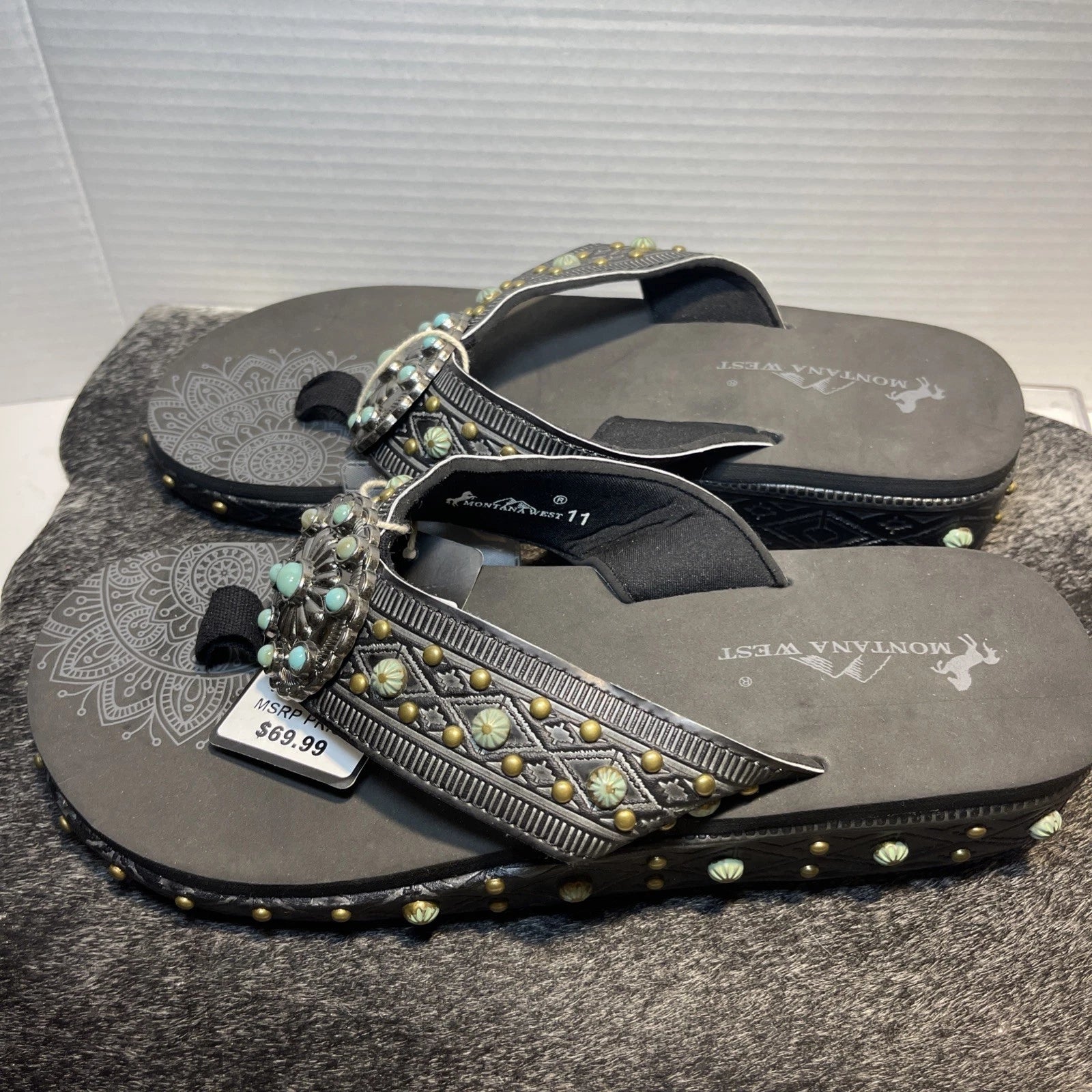 Montana West Black Embossed w/Studs Western Style Wedge Sandals Sz11-11.5