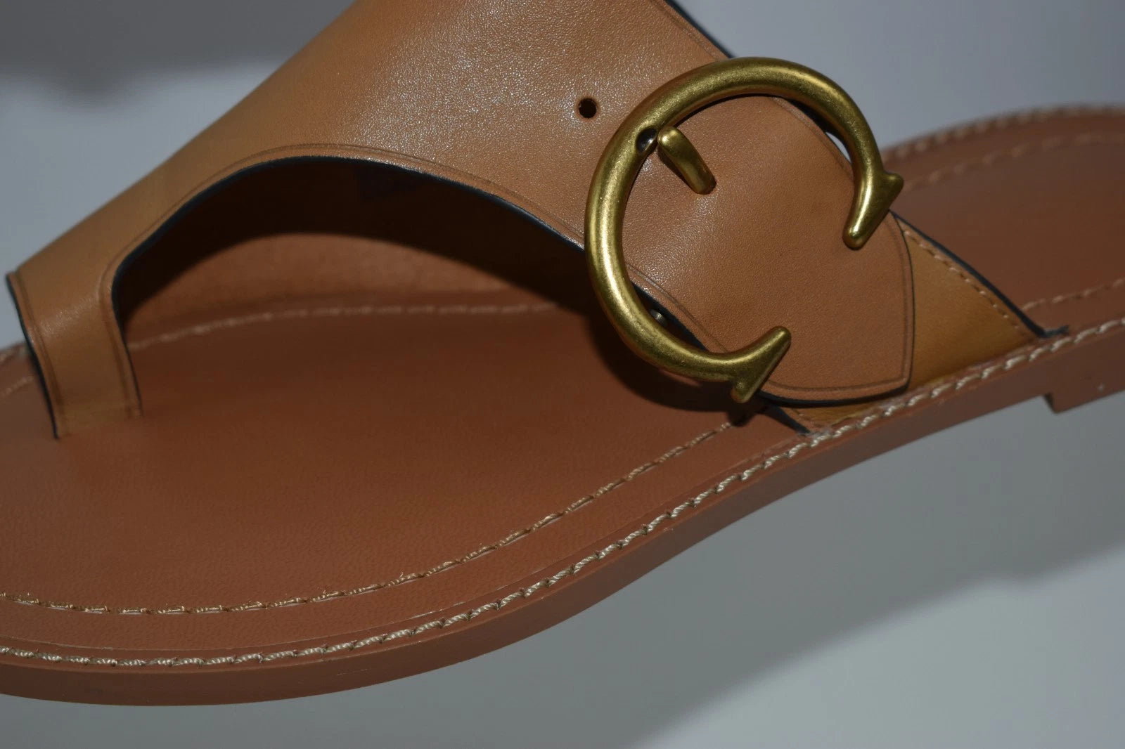 New Coach Sz 6 Slip On Sandals Leather Slides Brown Cognac Toe Loop Flats Buckle