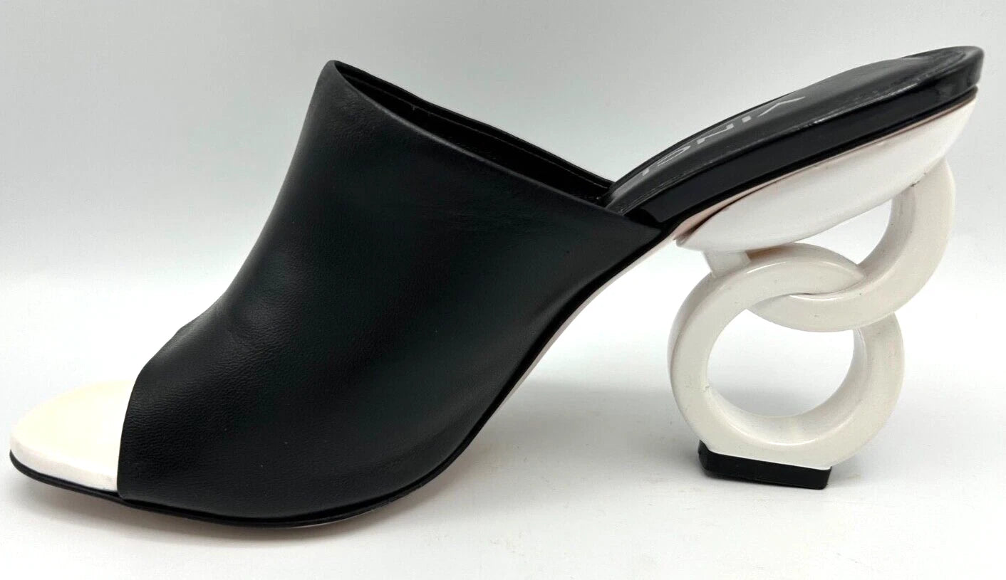 VINCI Black Leather Designer Sandal Size 40 US 9.5 White Circle Heels 3.5" High