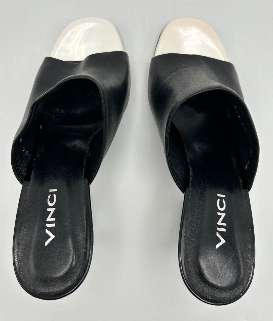 VINCI Black Leather Designer Sandal Size 40 US 9.5 White Circle Heels 3.5" High