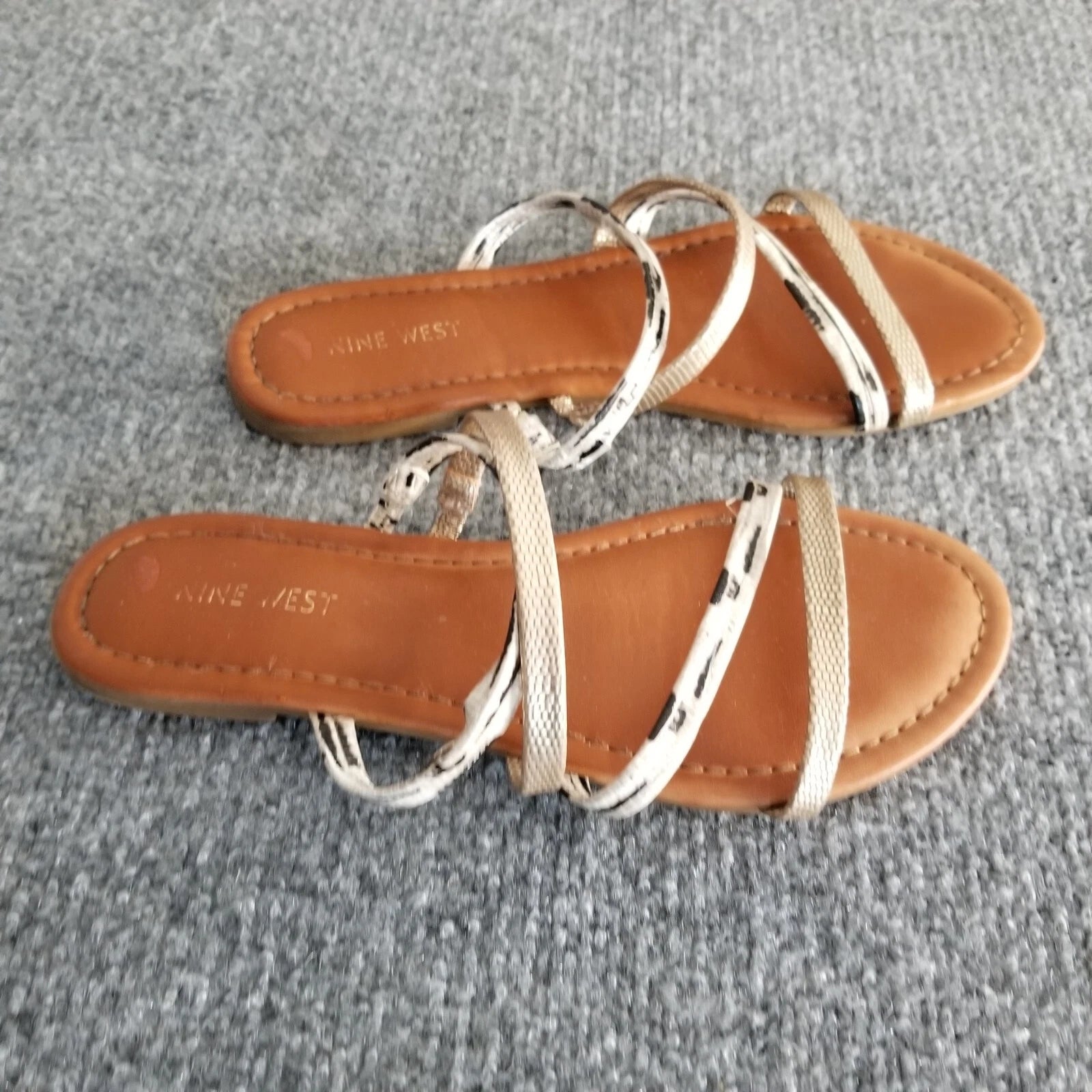 Nine West Women US 9M Strappy Sandals Gold Brown with Gray Snake Pattern Slides*
