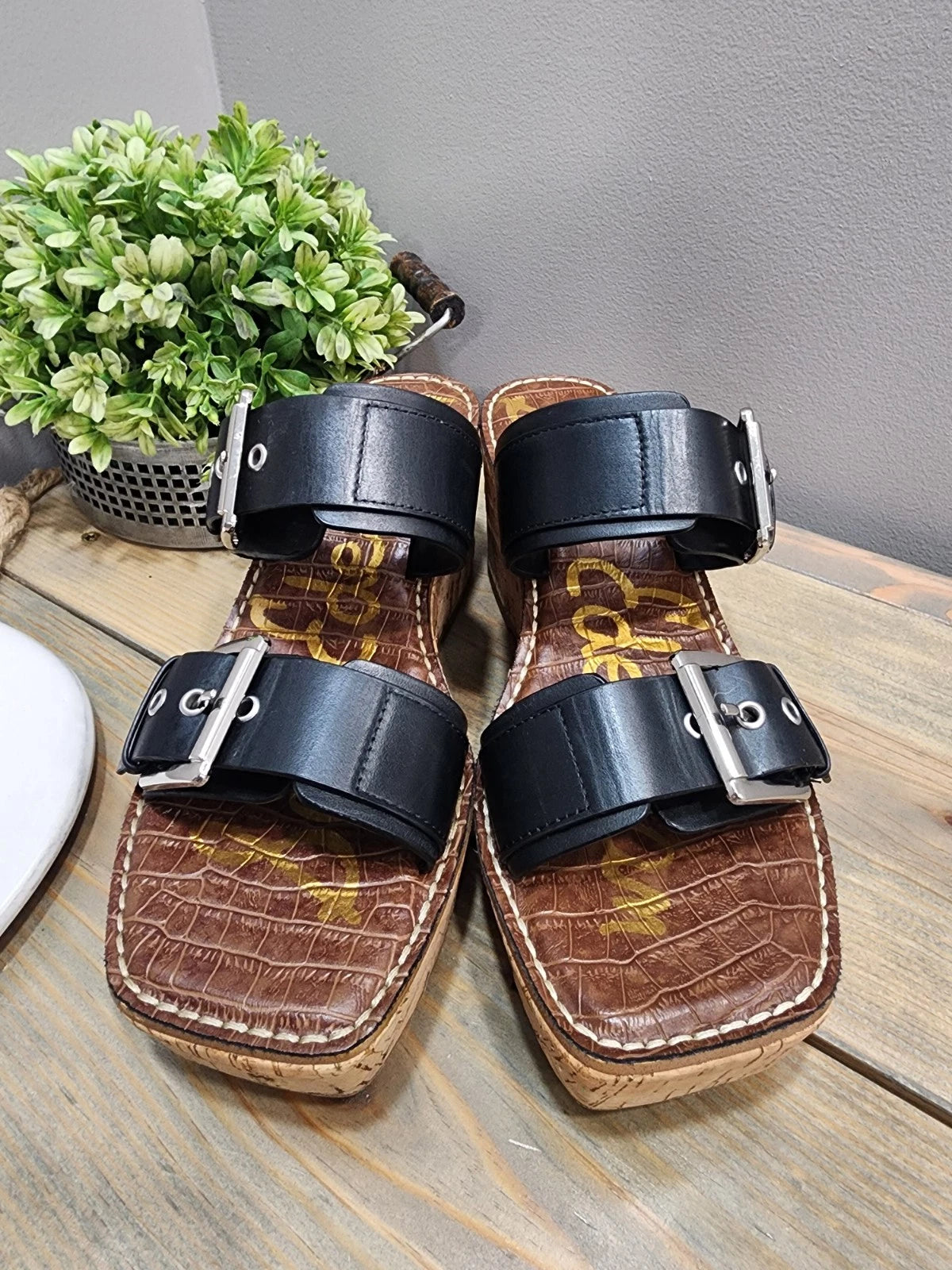 Sam Edelman Anna Sandals Size 7M Cork Platform Wedge Black Double Strap Buckle