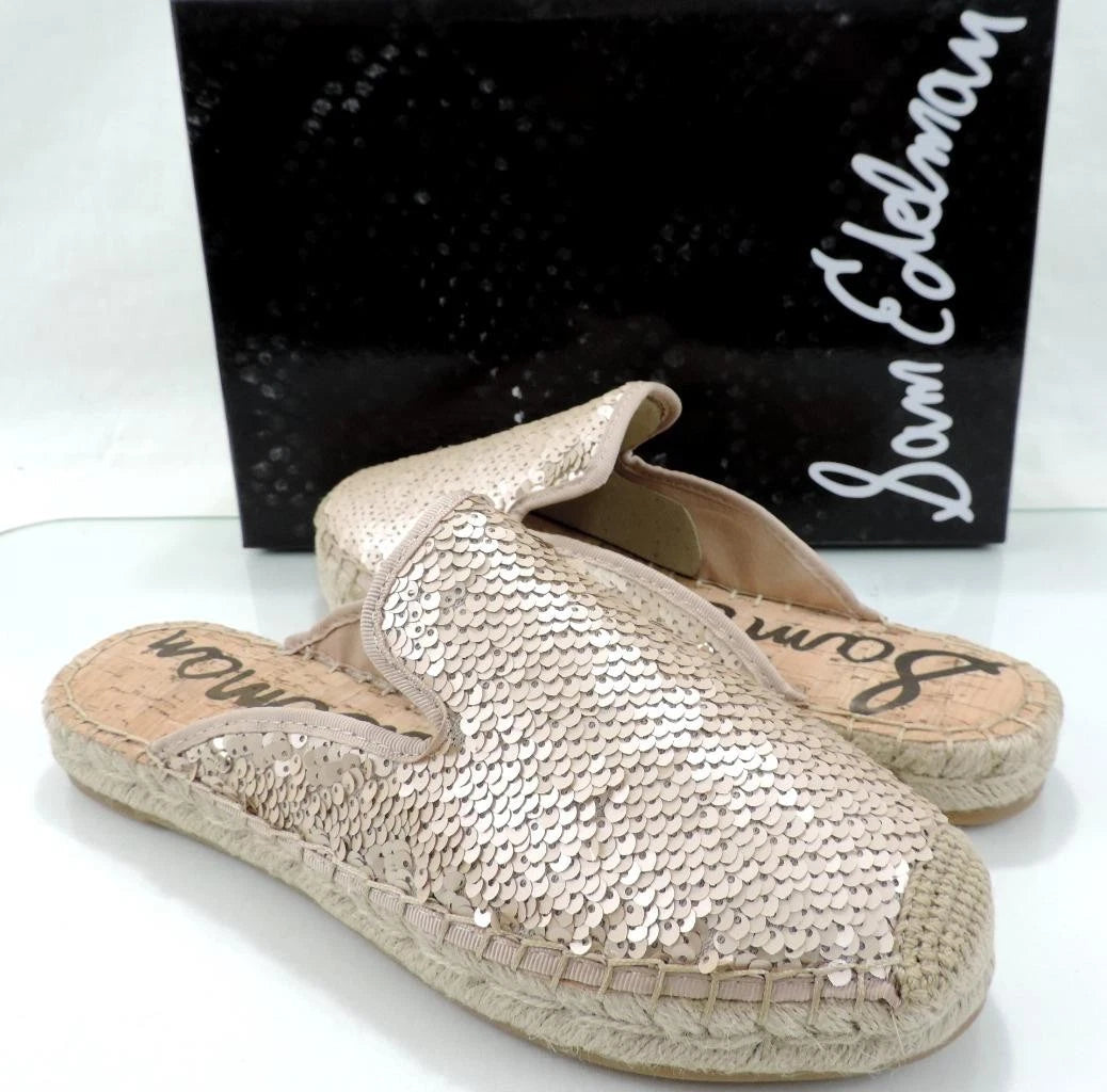Sam Edelman Kerry Slip On Espadrille Slide Mule Flats Pink Gold Sequins Size 8