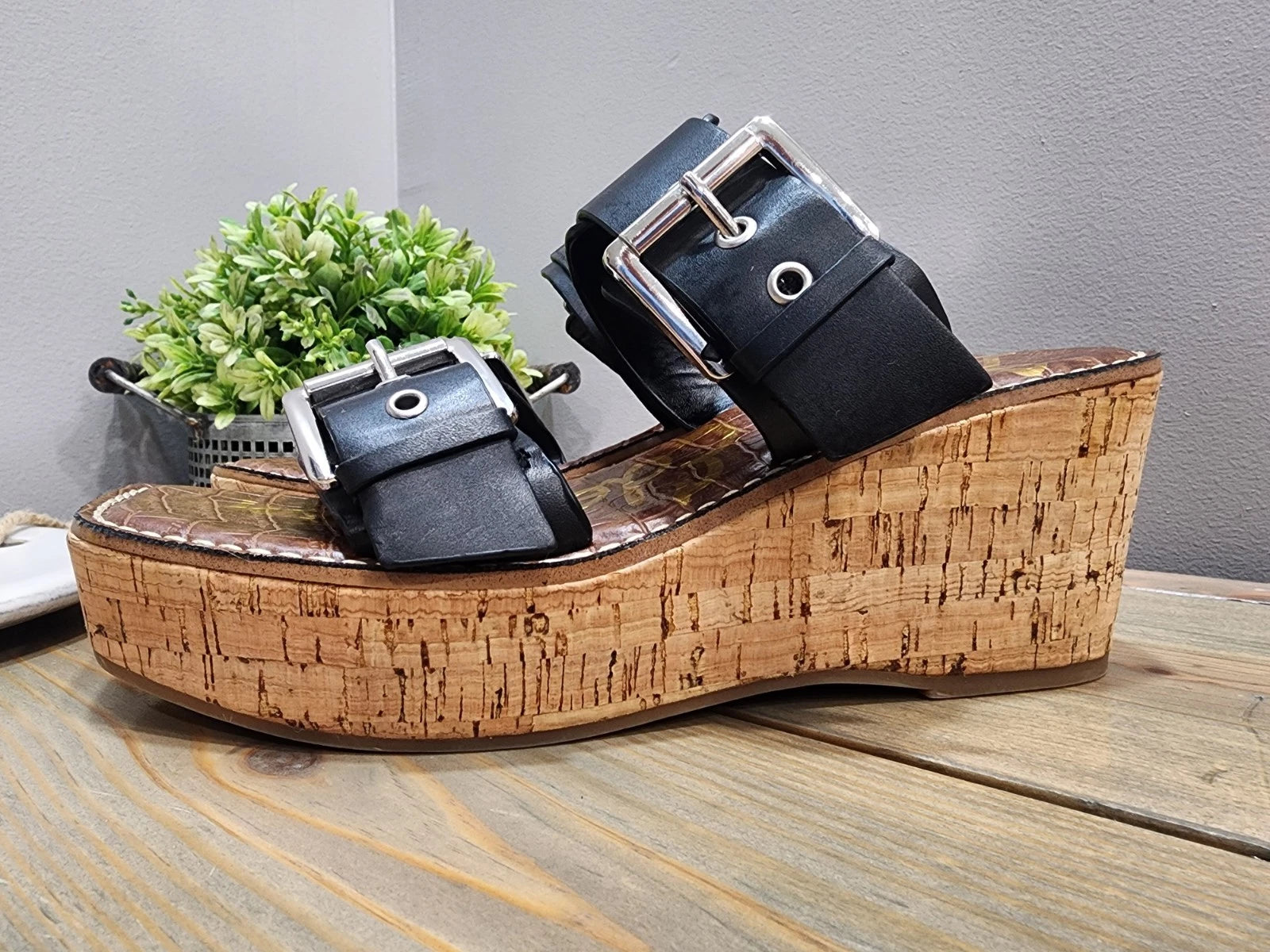 Sam Edelman Anna Sandals Size 7M Cork Platform Wedge Black Double Strap Buckle