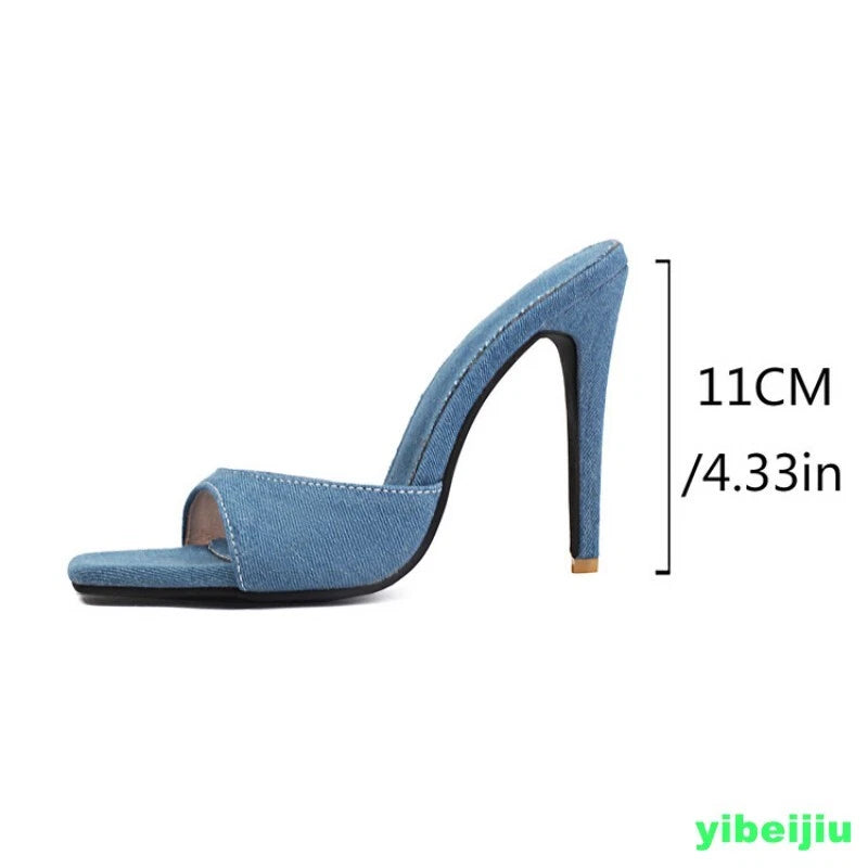 Women's Super High Heel Denim Jeans Mules Slides Sandals Slipper Shoes Dress OL