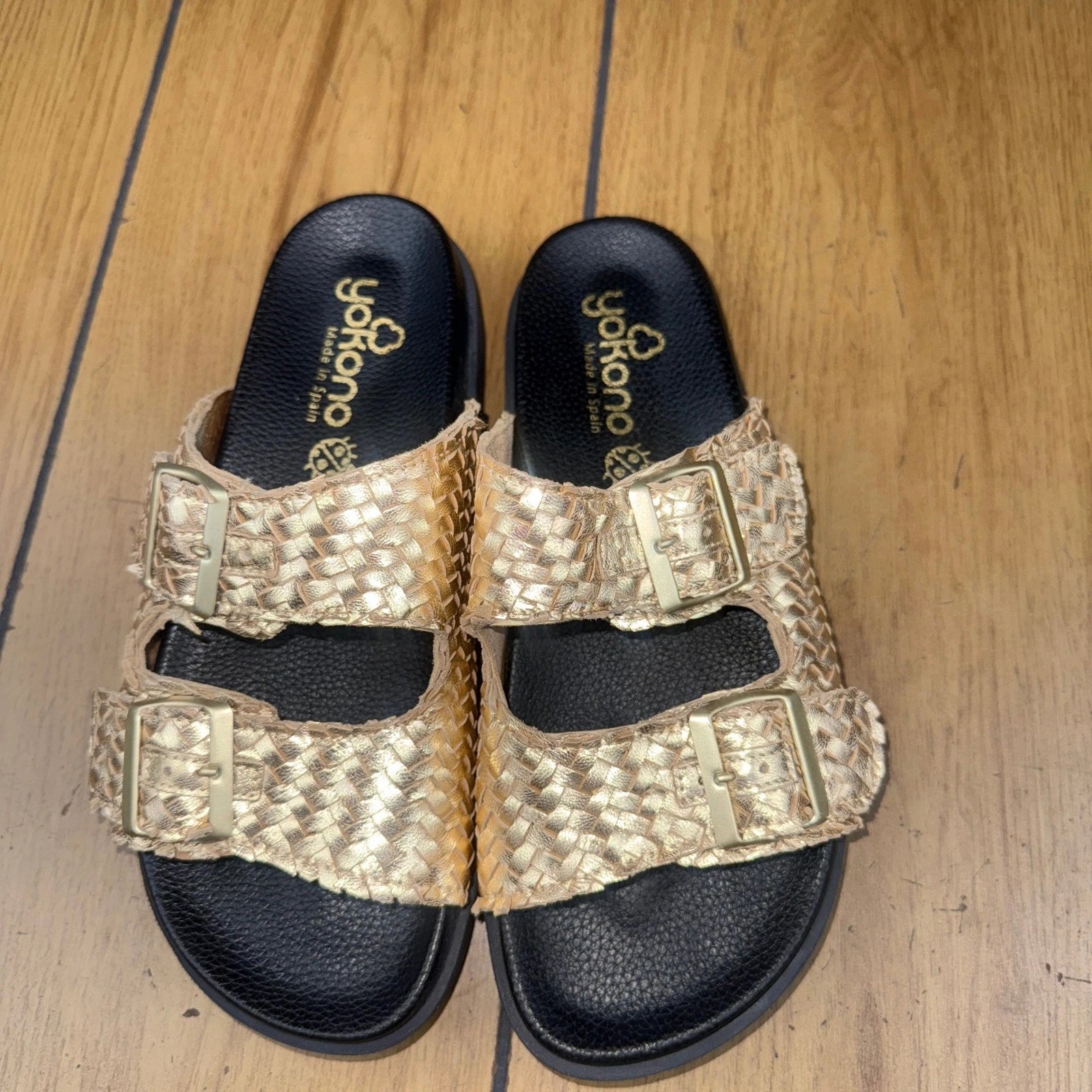 Yokono Gold Woven Leather Adjustable Buckle Slides Sandals Size 7.5