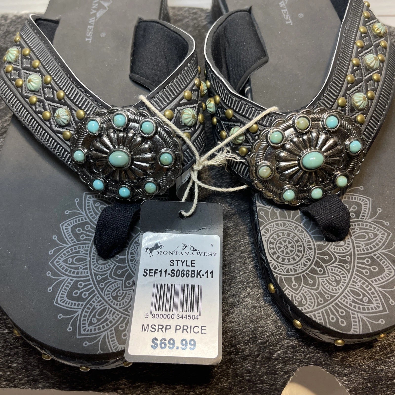 Montana West Black Embossed w/Studs Western Style Wedge Sandals Sz11-11.5