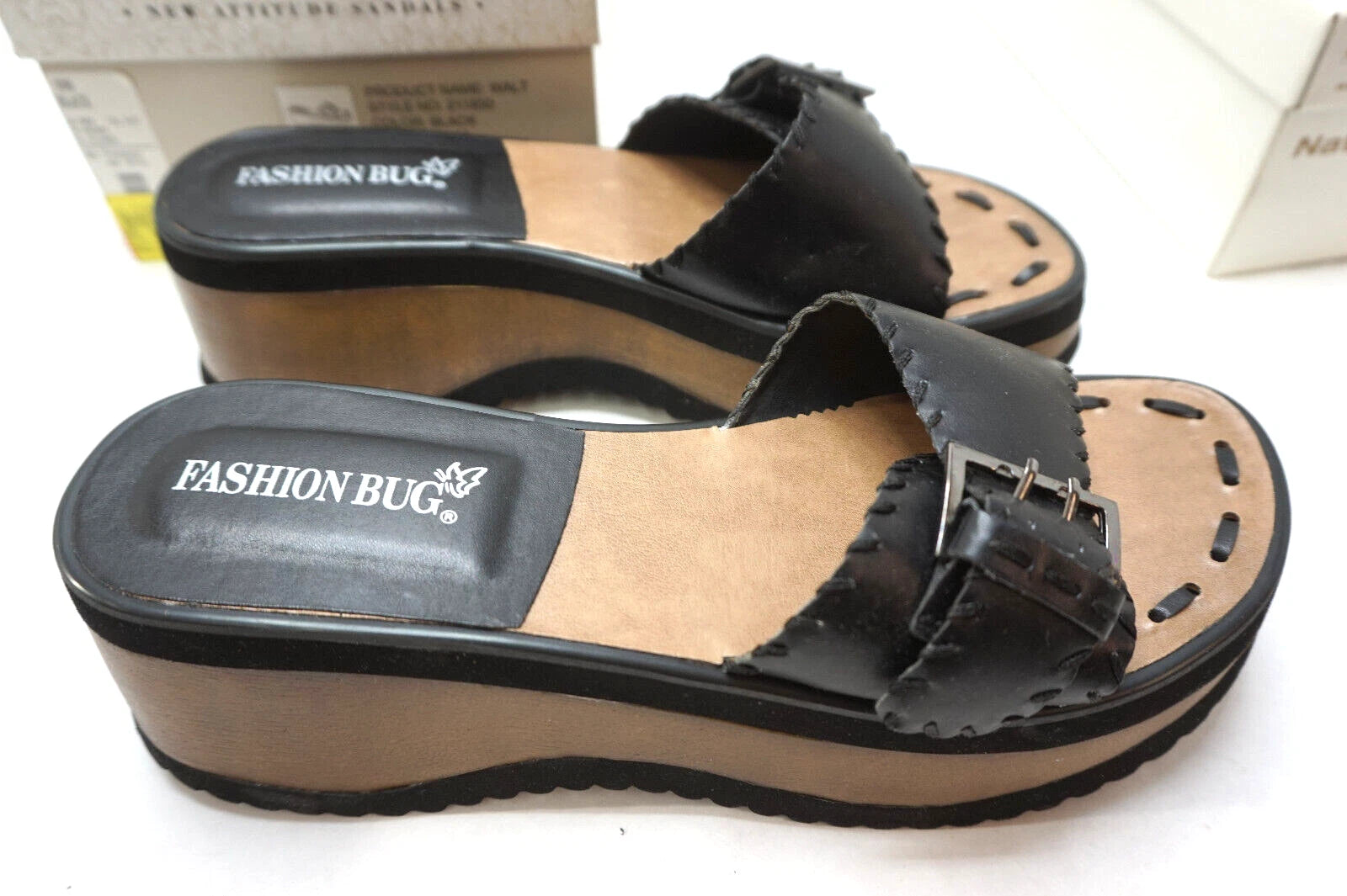 VINTAGE PLATFORM SANDALS FASHION BUG NEW ATTITUDE BLACK WOMENS 9 SHOES NEW BOX