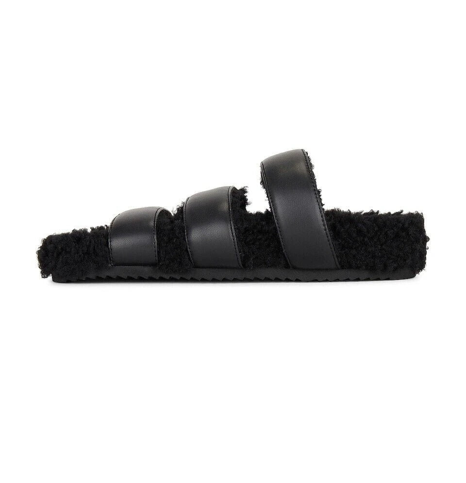 ROAM NIB $139 Black 3 Strap Faux Leather Fuzzy Slide Sandals Sz 11
