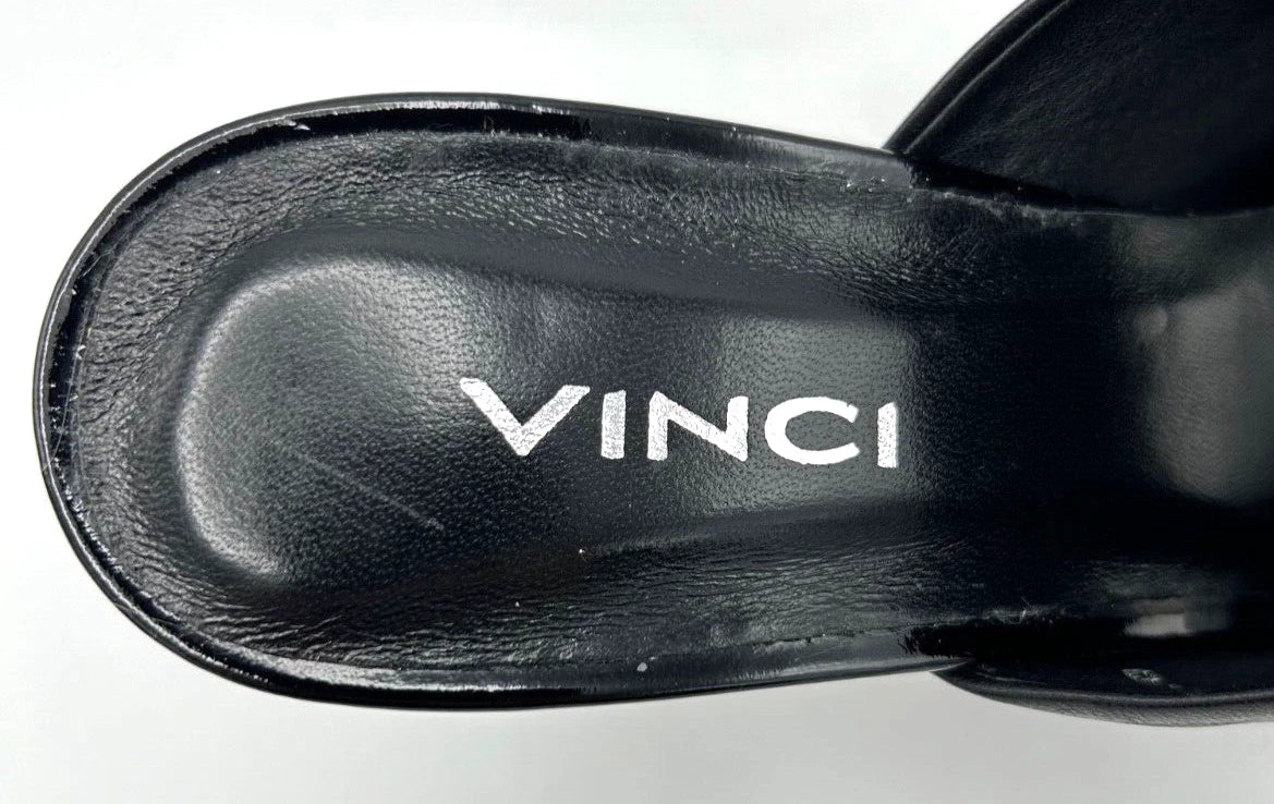 VINCI Black Leather Designer Sandal Size 40 US 9.5 White Circle Heels 3.5" High