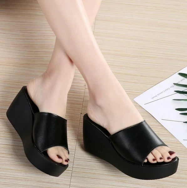 Womens Leather Slipper Wedge Heel Mules Sandals Platform Shoes Fashion Slides