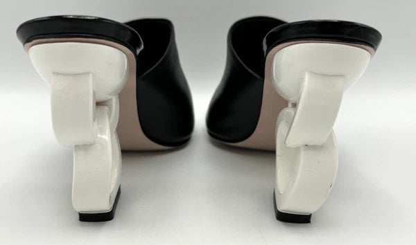 VINCI Black Leather Designer Sandal Size 40 US 9.5 White Circle Heels 3.5" High