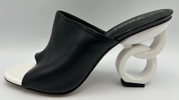 VINCI Black Leather Designer Sandal Size 40 US 9.5 White Circle Heels 3.5" High