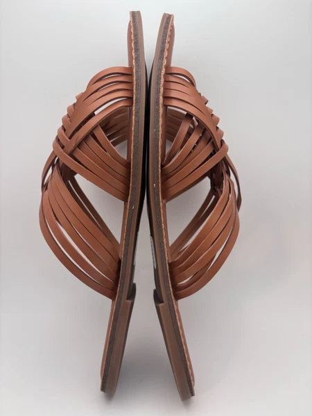 NIB Just Fab Frida Woven Sandals In Cognac Flat Slide Sandals Size 11