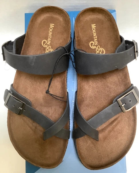 Mountain Sole Women's Birk Style Slip On Sandals, Black, Leather Straps, Size 6
