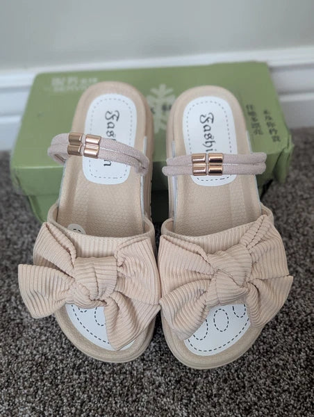 Size 6.5 Women's Fashion Thick Bottom Cute Bow Strappy Sandal Beach Beige Shoes