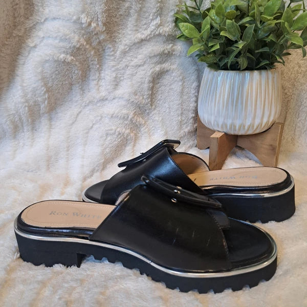 Ron White Candra Slide Sandals Black Leather Italy Sz 9 US 39.5 NEW $445
