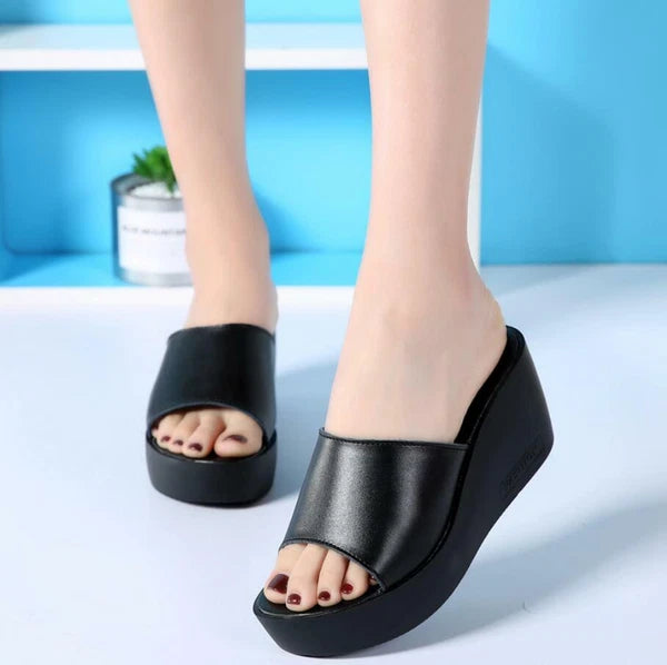 Womens Leather Slipper Wedge Heel Mules Sandals Platform Shoes Fashion Slides