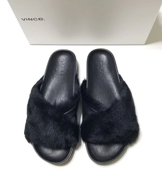 NIB Vince Garrison Italian Lamb Fur & Leather Slide Sandal in Black $250