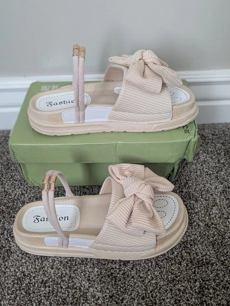 Size 6.5 Women's Fashion Thick Bottom Cute Bow Strappy Sandal Beach Beige Shoes