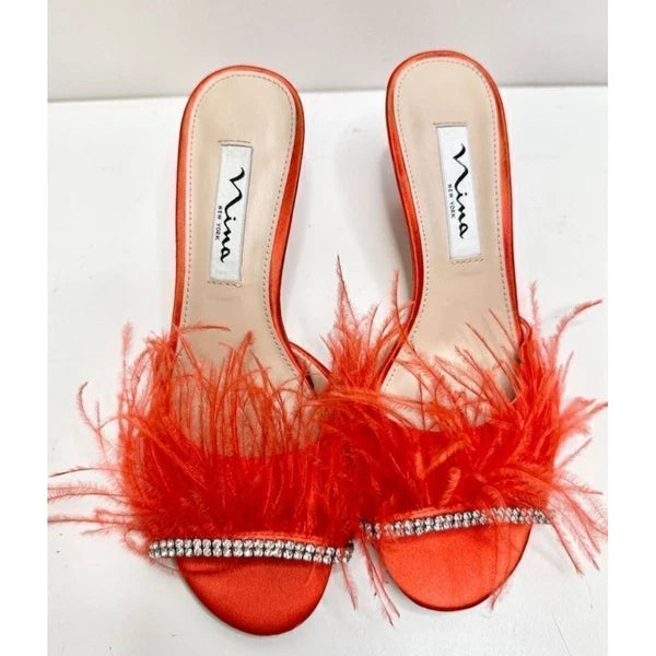 Nina Feather Kitten Heel Rhinestone Embellished Slip On Sandals Size 6