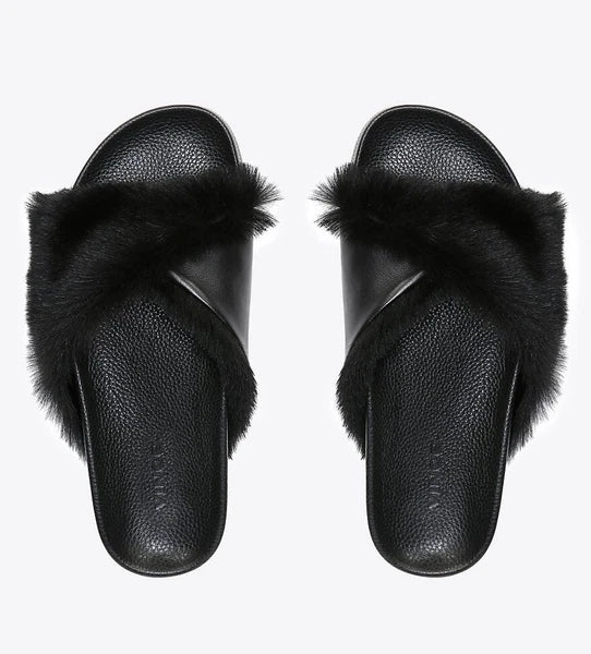 NIB Vince Garrison Italian Lamb Fur & Leather Slide Sandal in Black $250