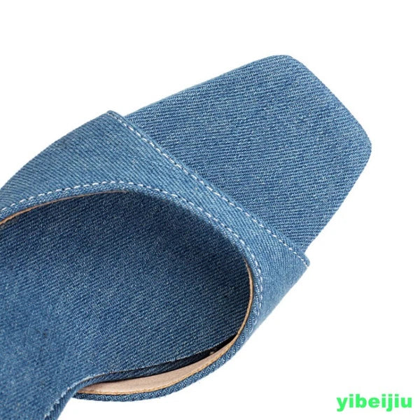Women's Super High Heel Denim Jeans Mules Slides Sandals Slipper Shoes Dress OL