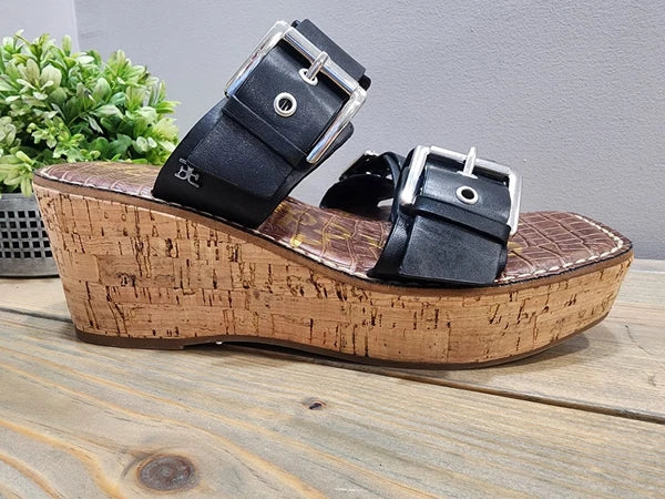 Sam Edelman Anna Sandals Size 7M Cork Platform Wedge Black Double Strap Buckle