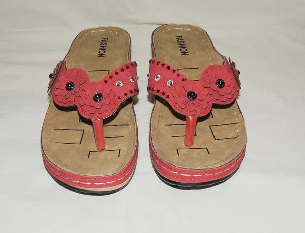 Women's Sz8.5(41) Red Floral-Applique Rhinestone Wedge Fashioned Flip Flops