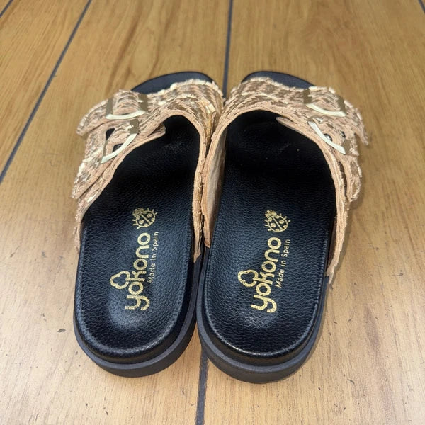 Yokono Gold Woven Leather Adjustable Buckle Slides Sandals Size 7.5