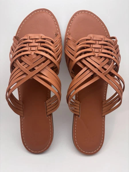 NIB Just Fab Frida Woven Sandals In Cognac Flat Slide Sandals Size 11