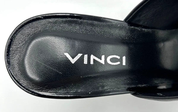 VINCI Black Leather Designer Sandal Size 40 US 9.5 White Circle Heels 3.5" High