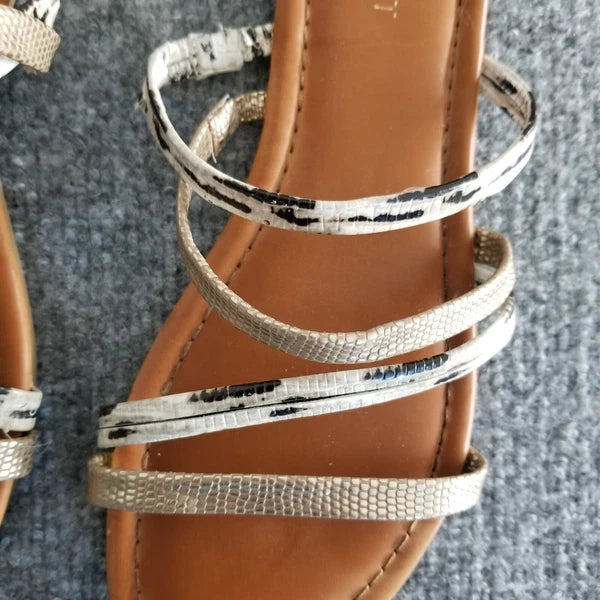 Nine West Women US 9M Strappy Sandals Gold Brown with Gray Snake Pattern Slides*