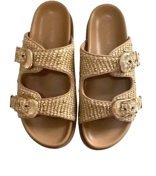Steve Madden Slide Sandal Women's 8.5 Tan Brown Zuree Dual Buckle Gold Studded
