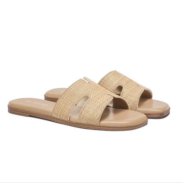 Women's Comfortable Leather Slide Sandals, Dressy Flat Raffia Slip-On