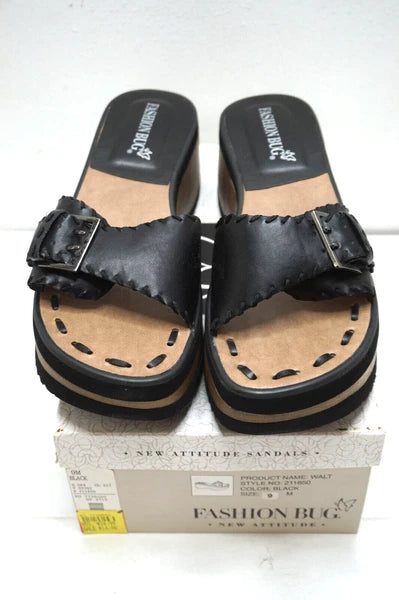 VINTAGE PLATFORM SANDALS FASHION BUG NEW ATTITUDE BLACK WOMENS 9 SHOES NEW BOX