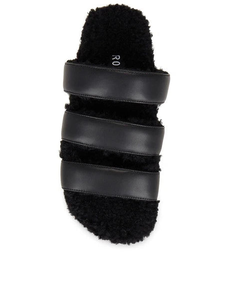 ROAM NIB $139 Black 3 Strap Faux Leather Fuzzy Slide Sandals Sz 7